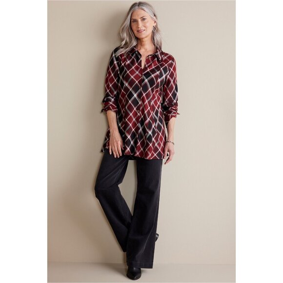 Soft Surroundings Womens Joelle Plaid Tunic Cabernet Plaid Button Front size S - Picture 2 of 14